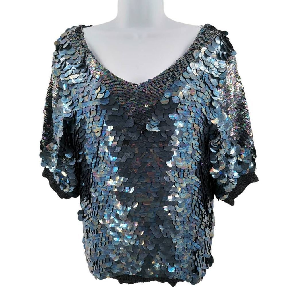 Vintage Black Silk Top Hand Embellished in Iridescent Black Chunky Sequins | Ole